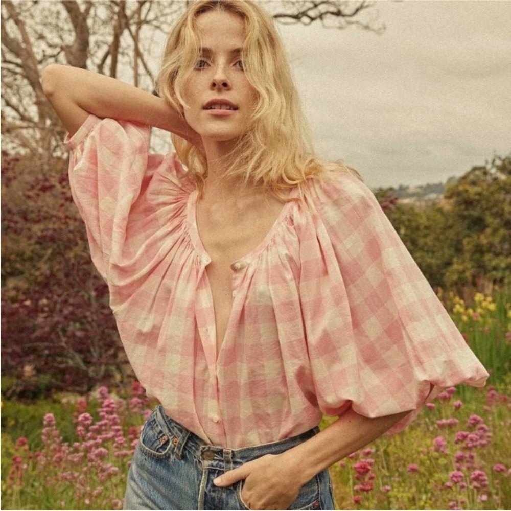 DOEN Jeanne Top - Pink Rosette Gingham - XXS EUC